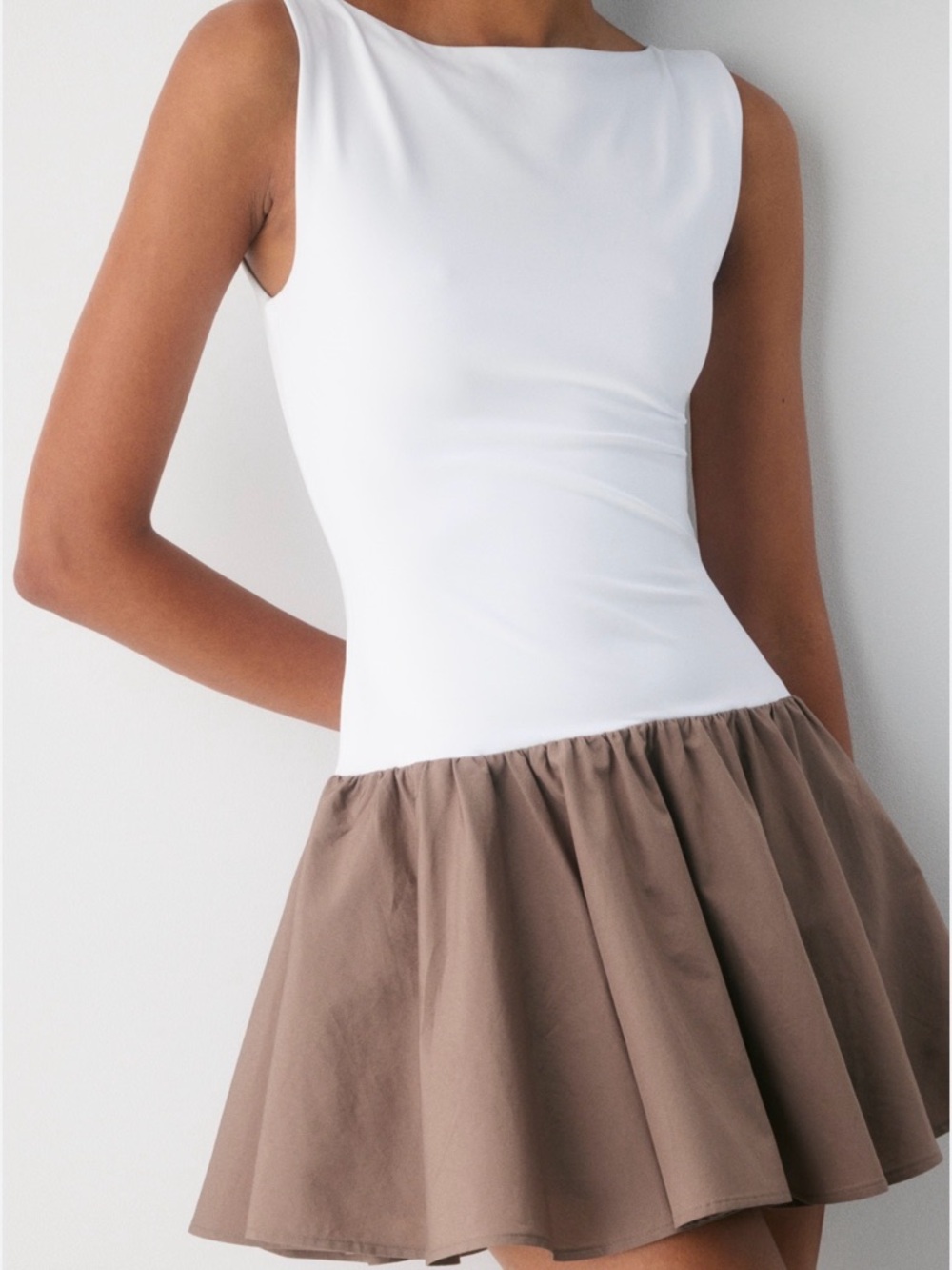 Aritzia White Bodice Taupe Flared Mini Dress